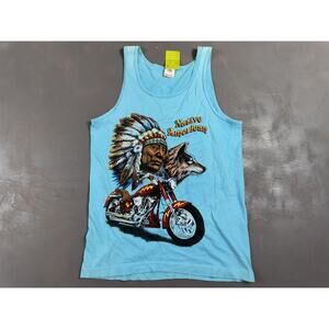 Vintage 80s Native American Motorcycle T-Shirt Tank Top Mens Medium Wolf Biker